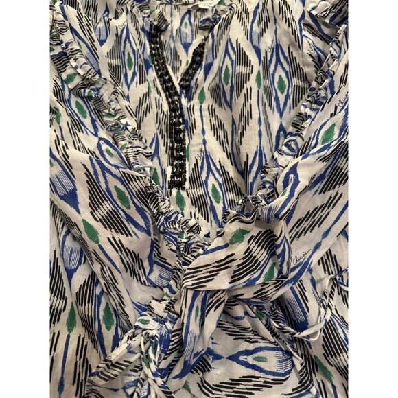 Chicos Blouse V Neck Ikat Beaded Spell Out Black White Size 1/8 Gathered Sleeves - Picture 7 of 9